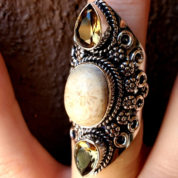 New Fossil Coral & Smoky Topaz 925 Silver Ring. - Picture 7 of 16